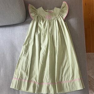 Green & White Check Flutter Sleeve Dress with Pink Ric RacTrim